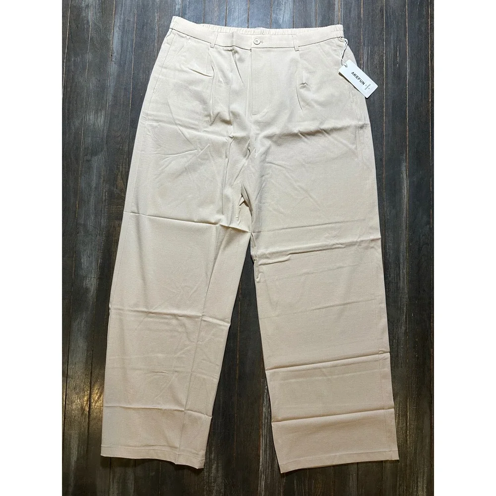Akefun Mens Linen Blend Beach Pants Beige Cream Straight Leg Pleated